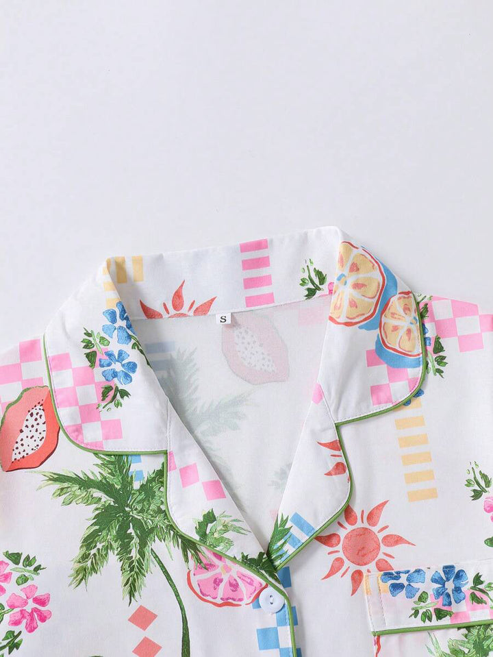 Tropical Fruit & Palm Print Pajama Set