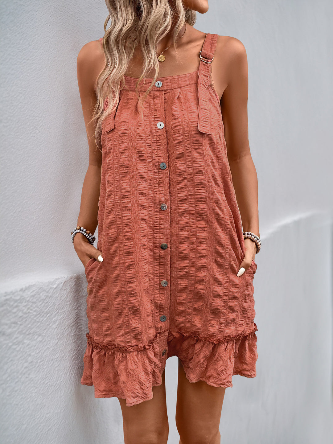 Textured Adjustable Strap Tank Dress
