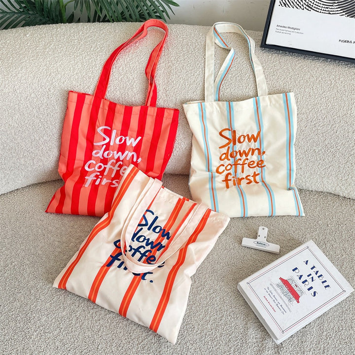 Slow Down, Coffee First Striped Tote Bag