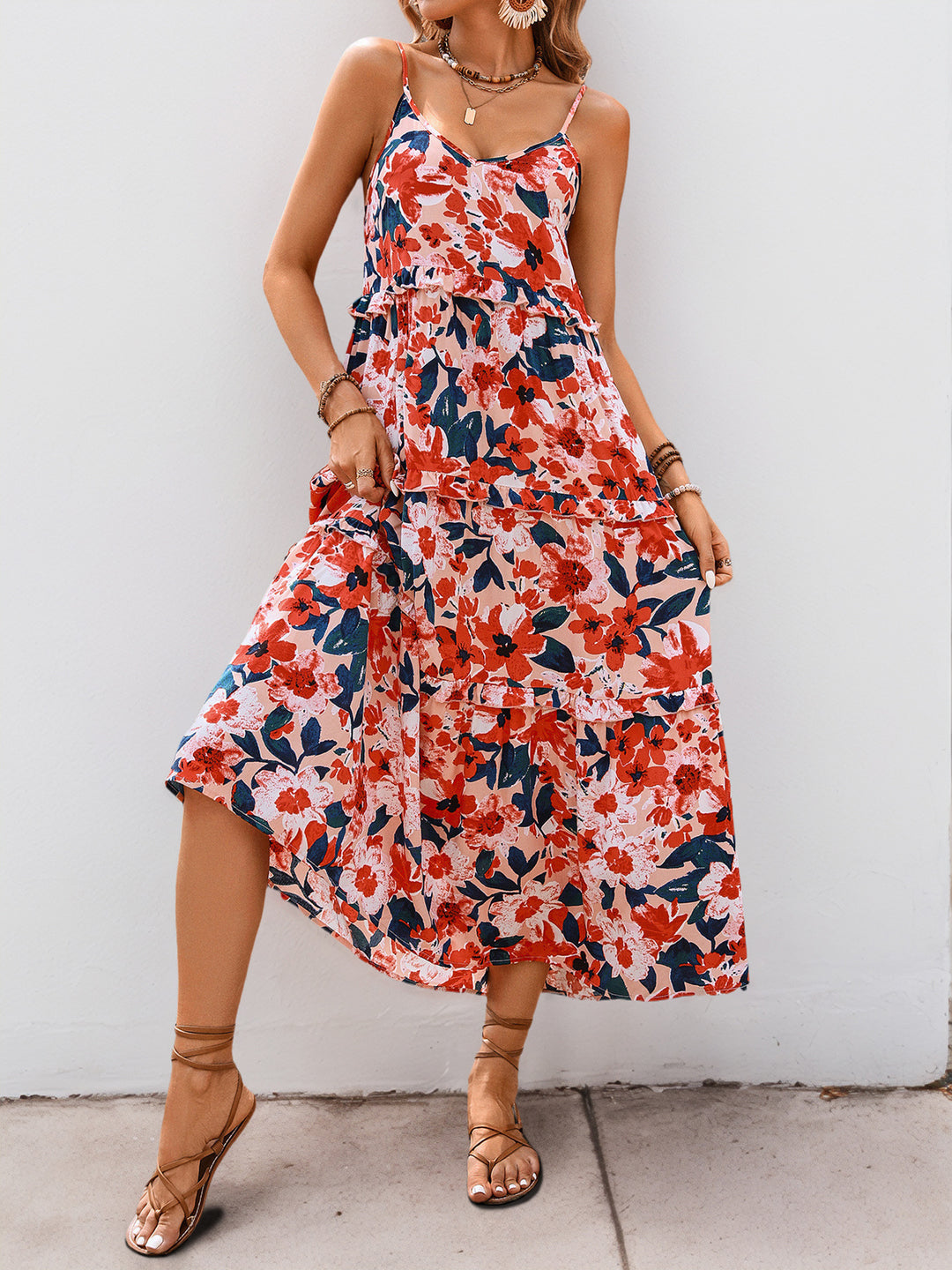 Sunset Floral Ruffle Midi Dress
