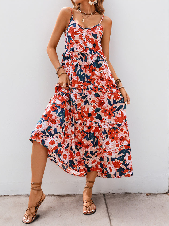 Sunset Floral Ruffle Midi Dress