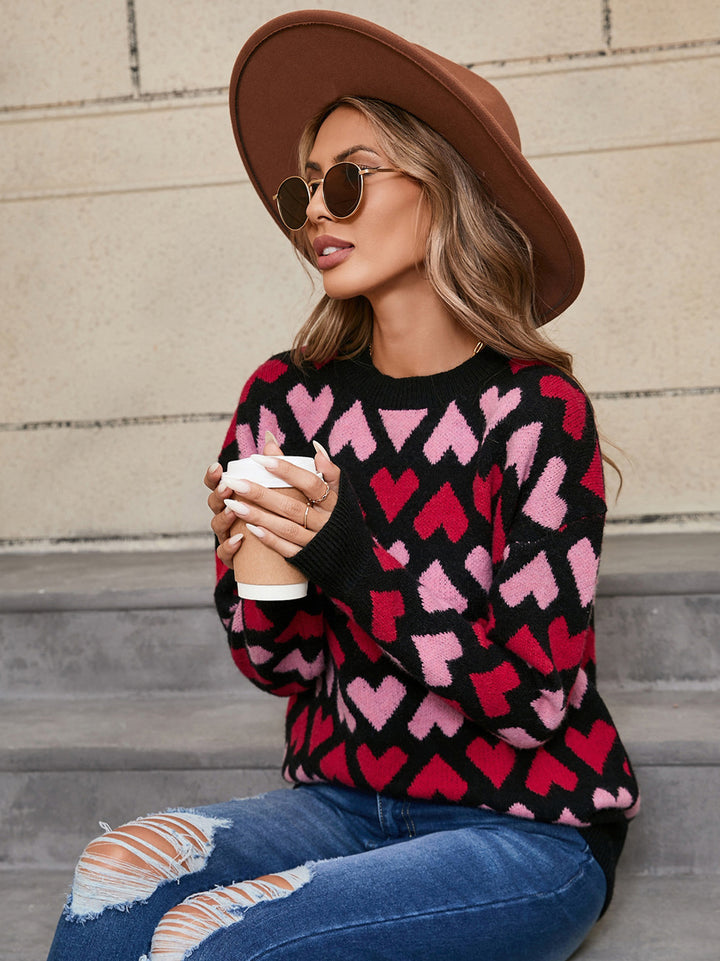 Dual Tone Heart Pattern Sweater