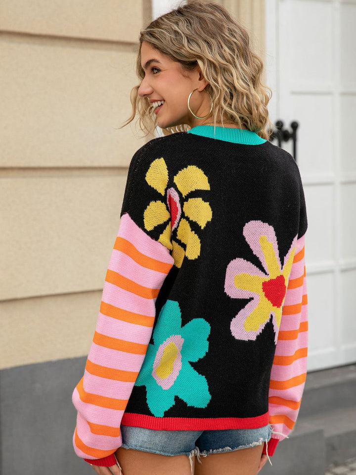 Flower Print Stripe Sleeve Sweater