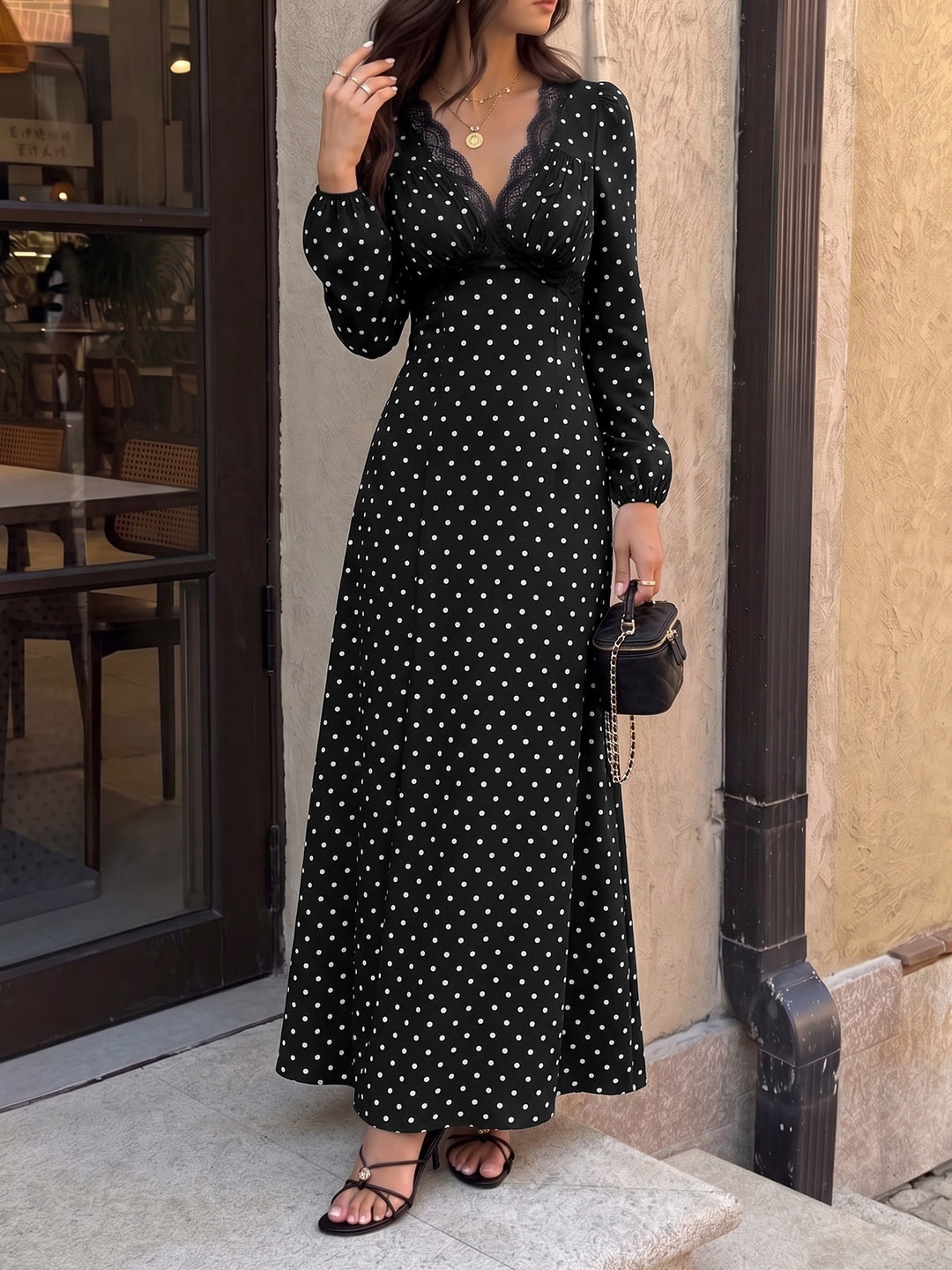 Midnight Romance Lace Trim Polka Dot Maxi Dress