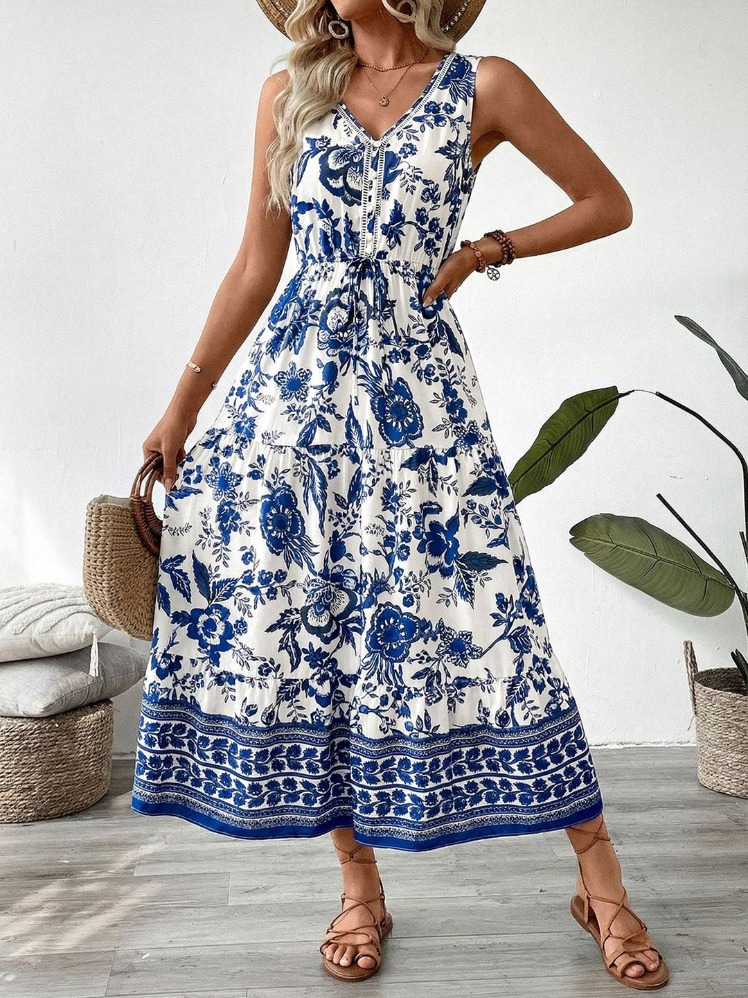 classic floral midi dress Courtyard Stroll Ivory & Red Multi Linen Blend Floral Midi Dress