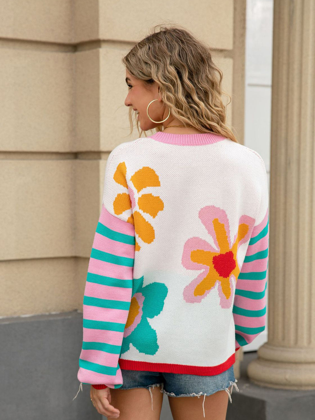 Flower Print Stripe Sleeve Sweater