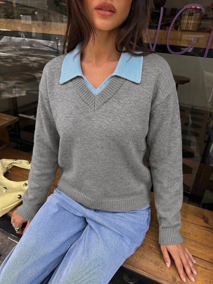 Contrast Collar V-Neck Knit Sweater