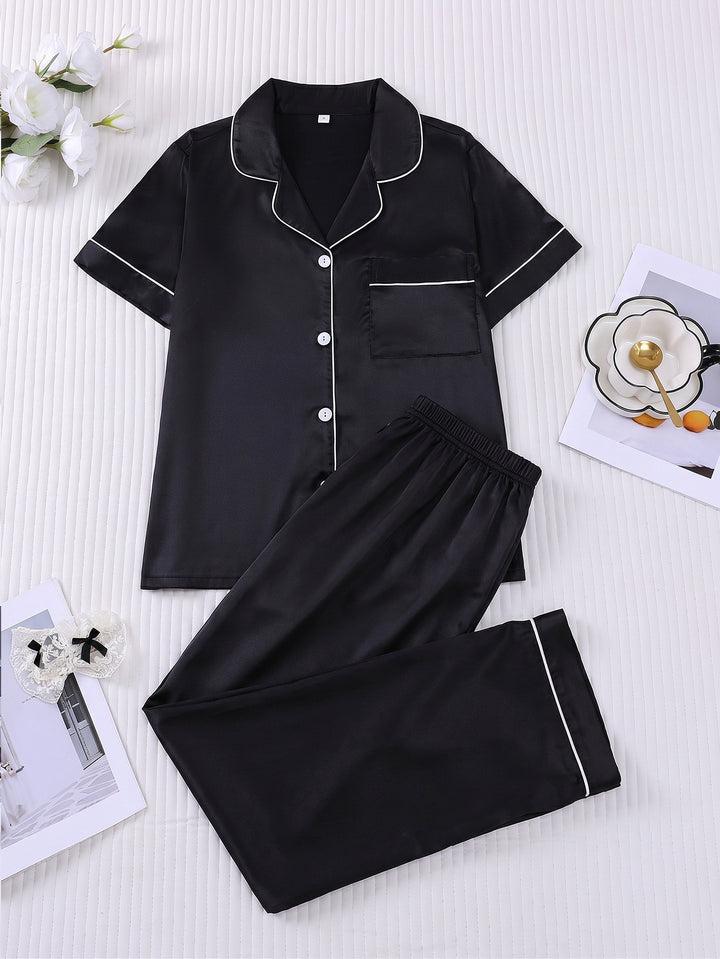 Smooth Fabric Contrast Piping Women's Pajama Set