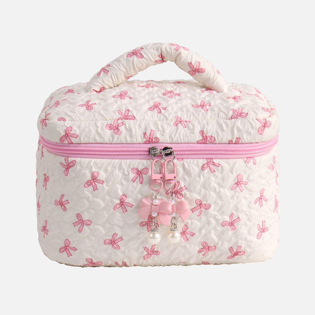 Quilted Bow Print Zip Top Makeup Bag