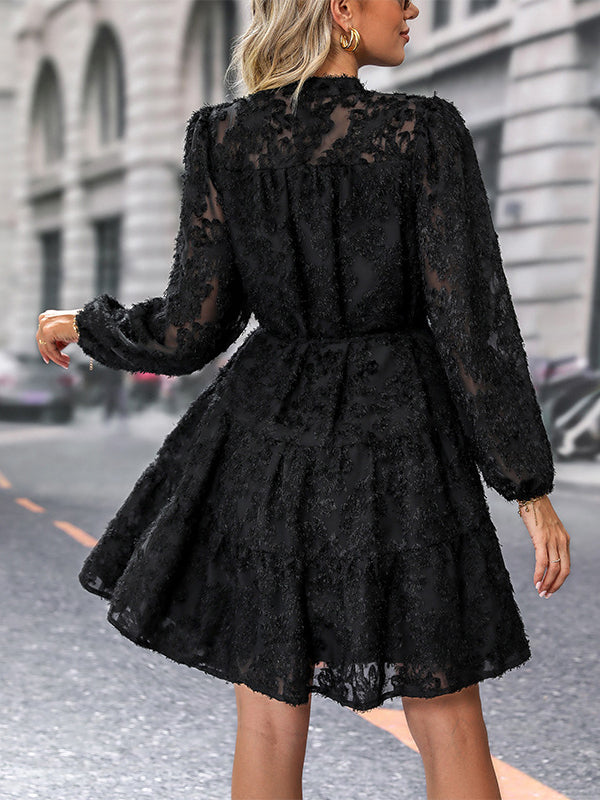 Lace Bubble Sleeve Tiered Dress
