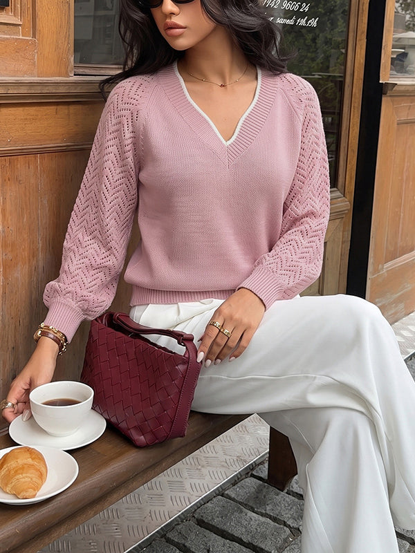 Pointelle Sleeve V-Neck Sweater