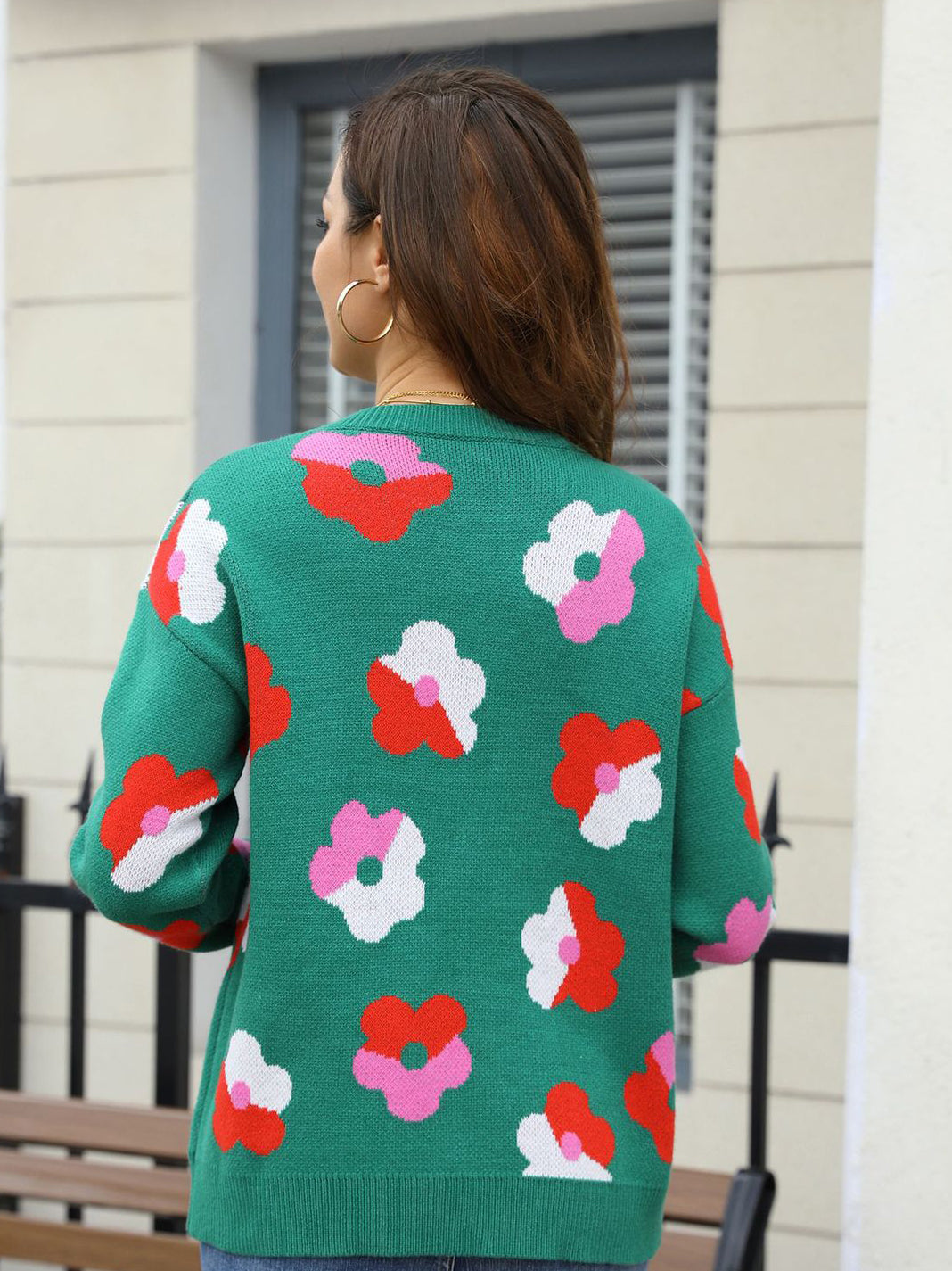 Multicolor Contrast Floral Sweater