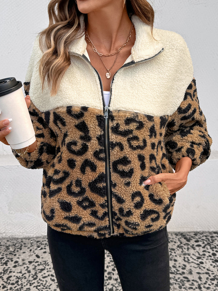 Colorblock Animal Print Sherpa Jacket