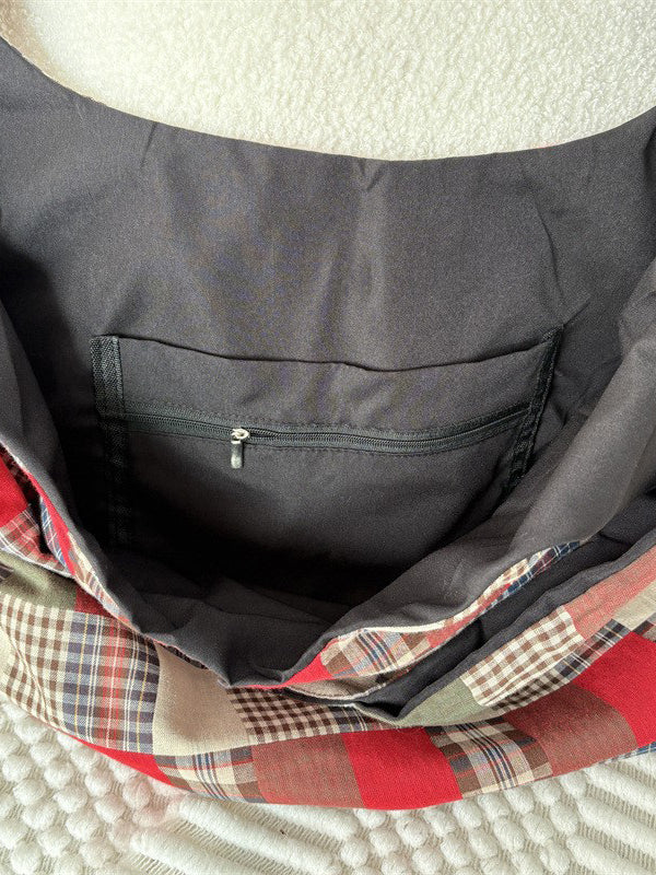 Patchwork Plaid Slouchy Tote Bag