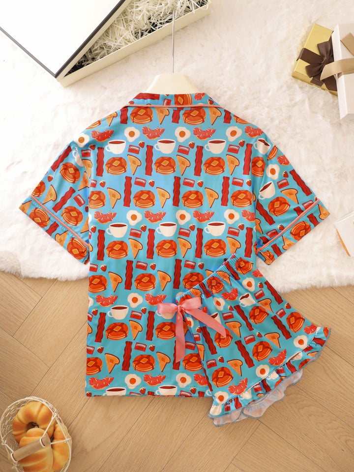 Breakfast Print Ruffle Hem Pajama Set