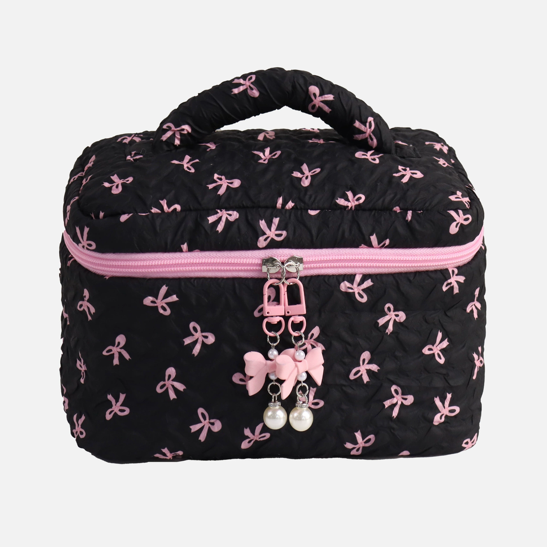 Quilted Bow Print Zip Top Makeup Bag