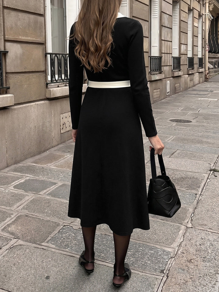 Contrast Trim Tie Waist Knit Midi Dress