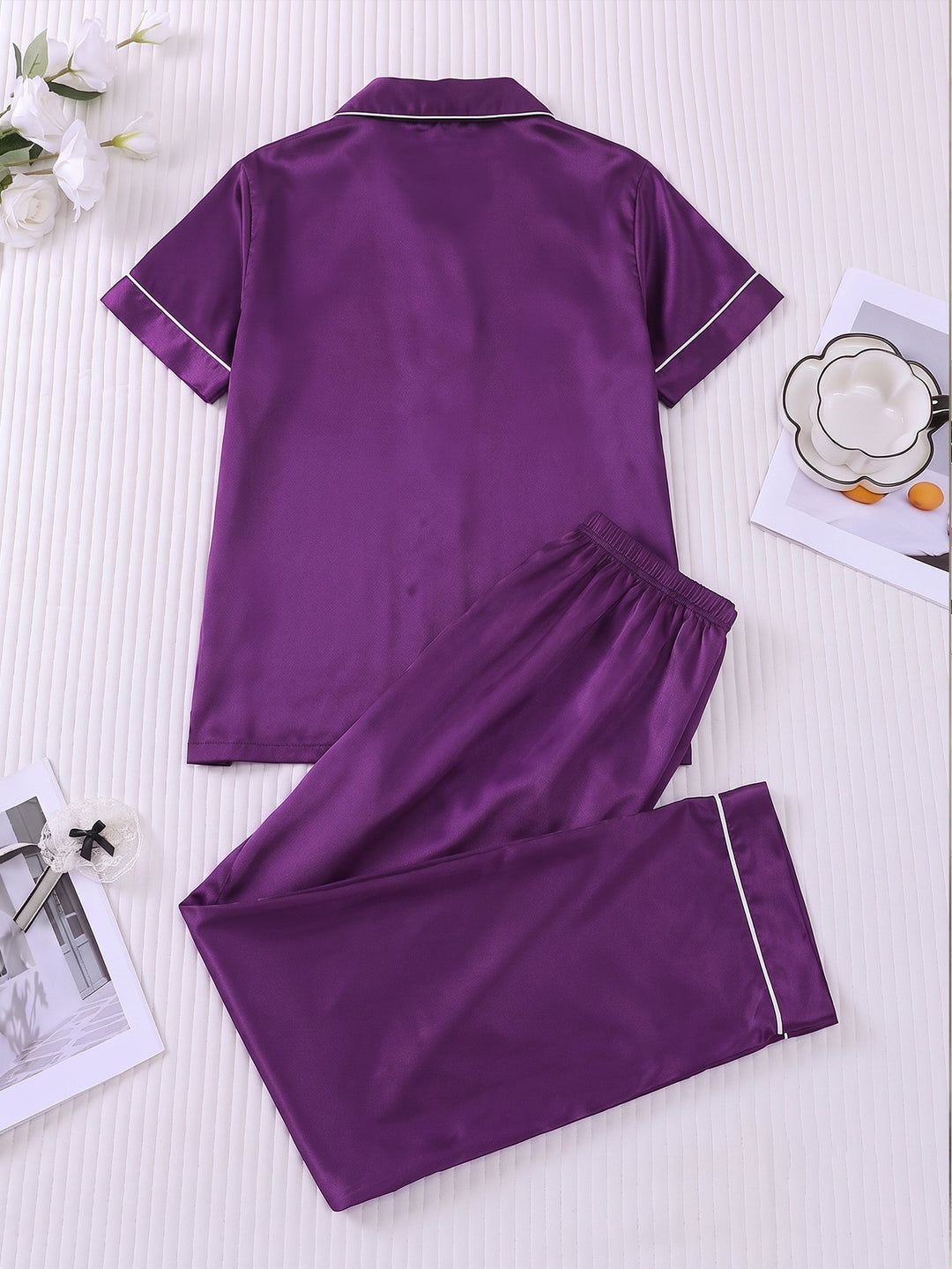 Smooth Fabric Contrast Piping Women's Pajama Set