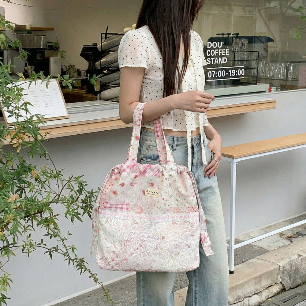 Coquette Lace Patchwork Print Drawstring Tote Bag