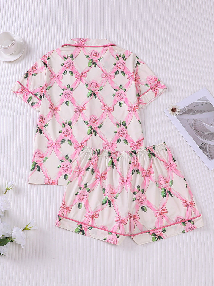 Feminine Bows & Rose Print Pajama Set