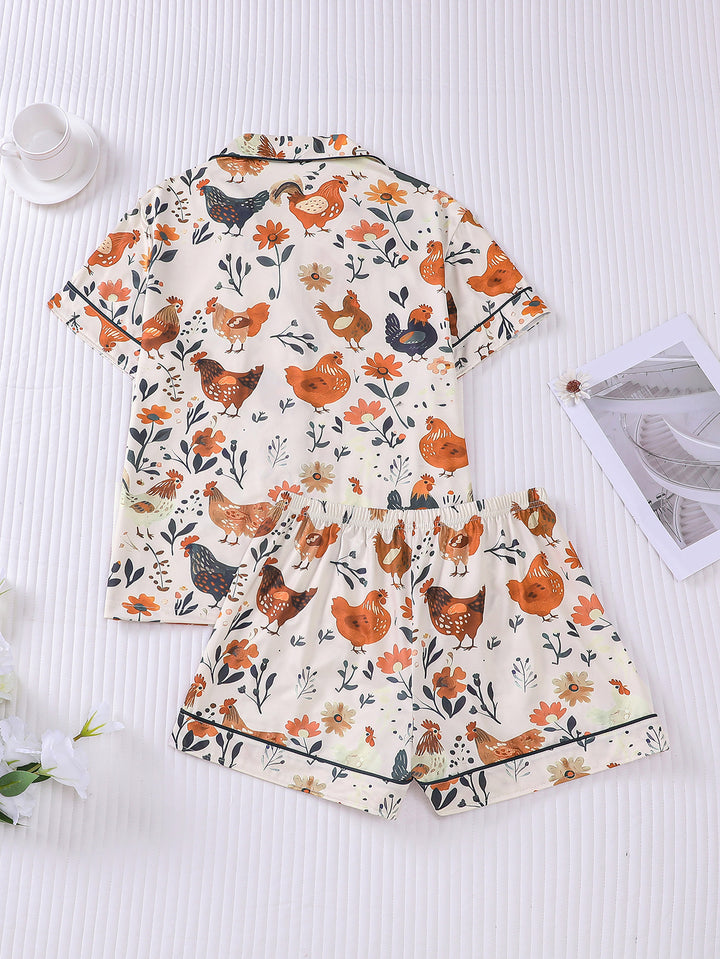 Floral Chicken Print Pajama Set