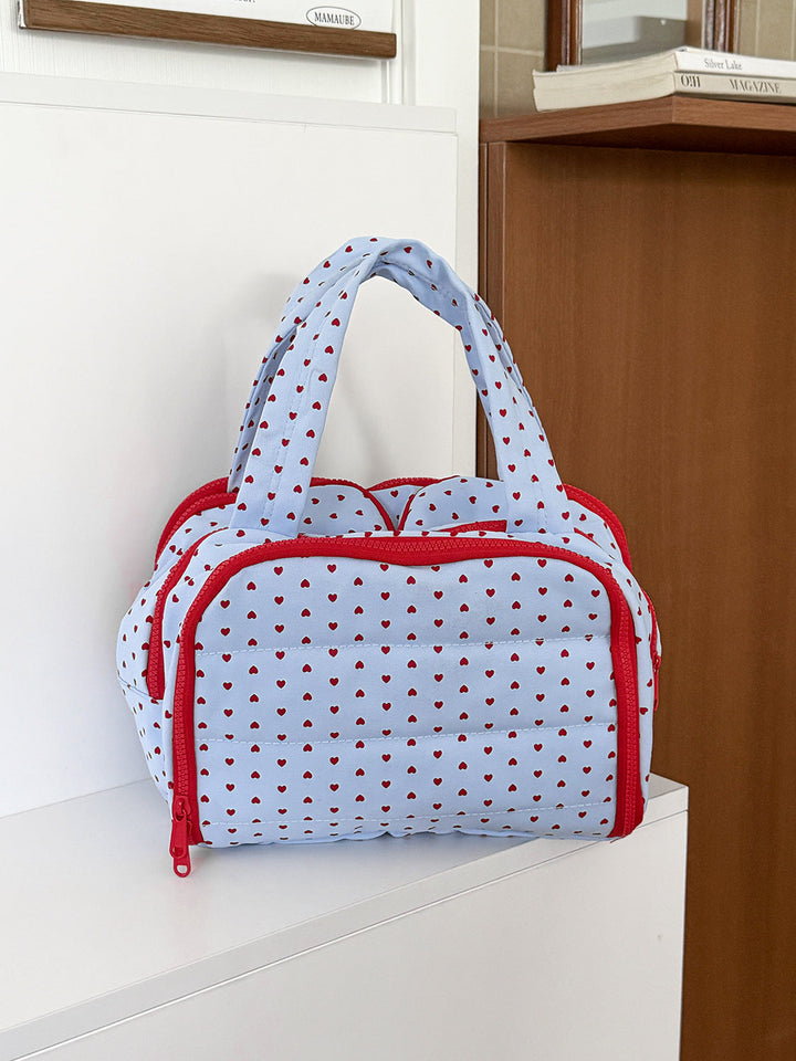 Quilted Heart Print Travel Cosmetic Organizer Bag