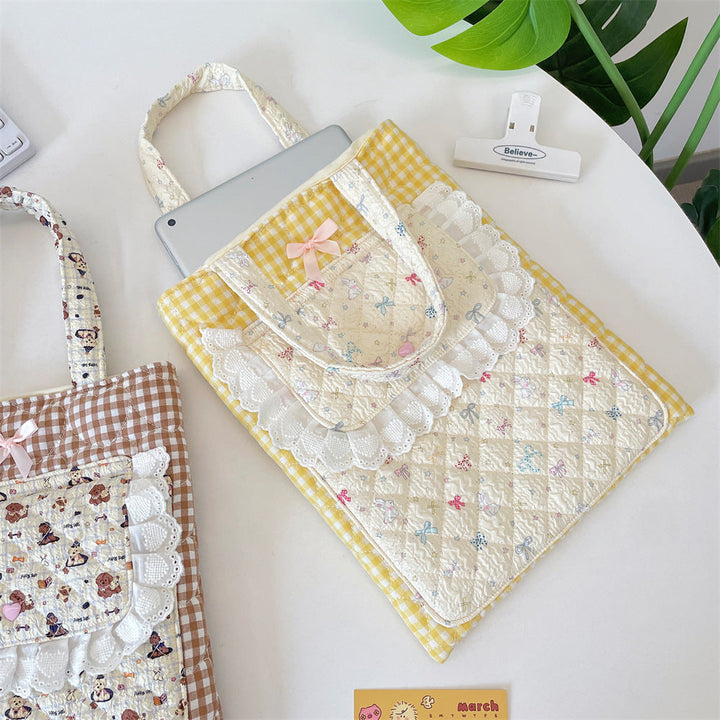 Character Print Lace Pocket Quilted Tote Bag