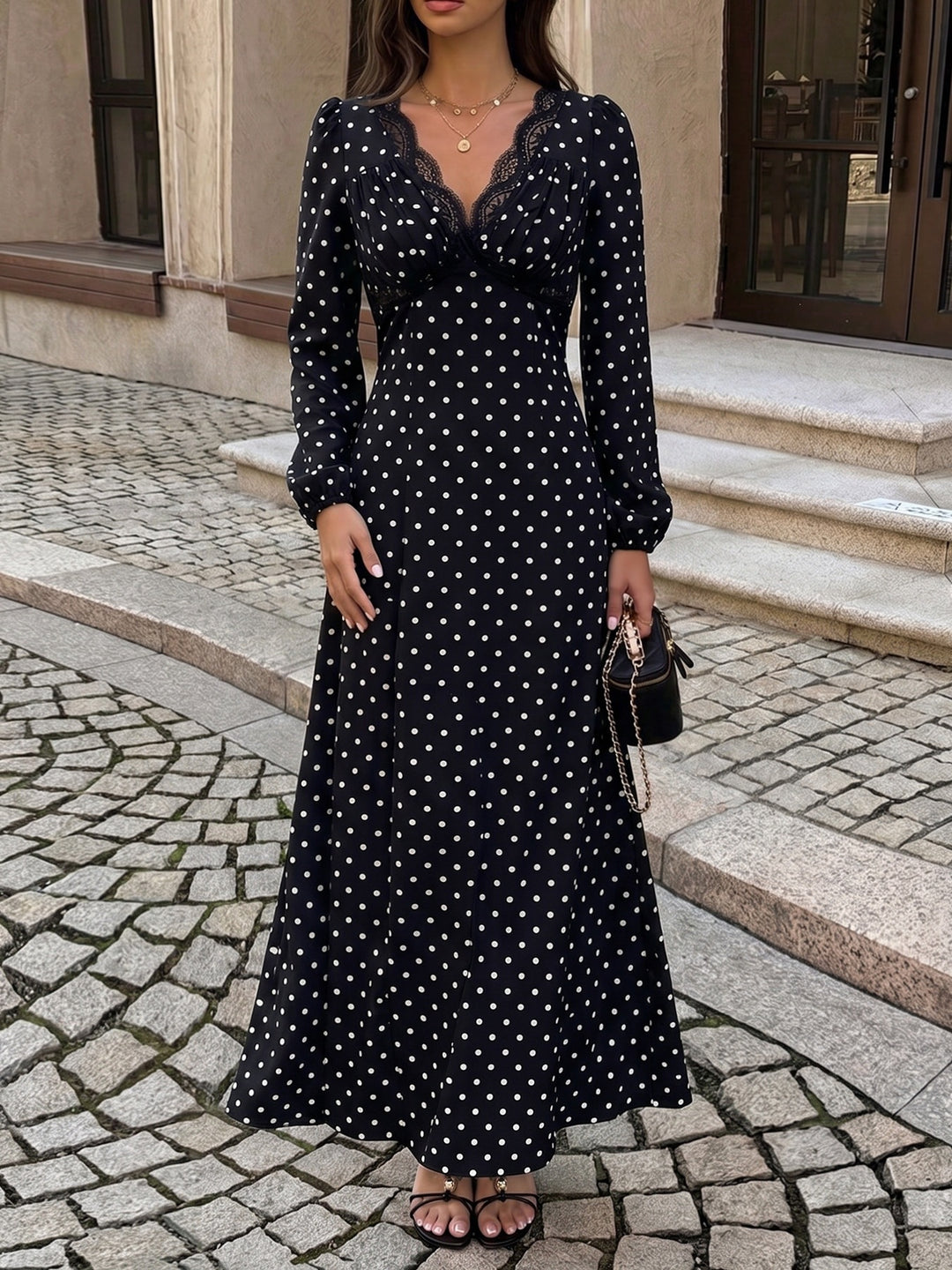 Midnight Romance Lace Trim Polka Dot Maxi Dress