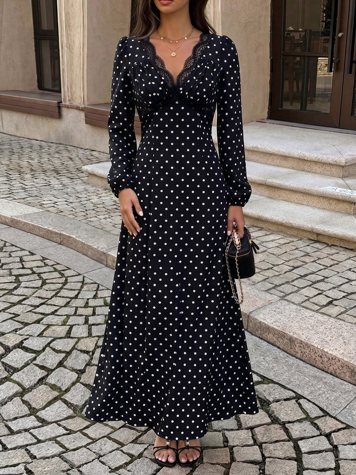Midnight Romance Lace Trim Polka Dot Maxi Dress