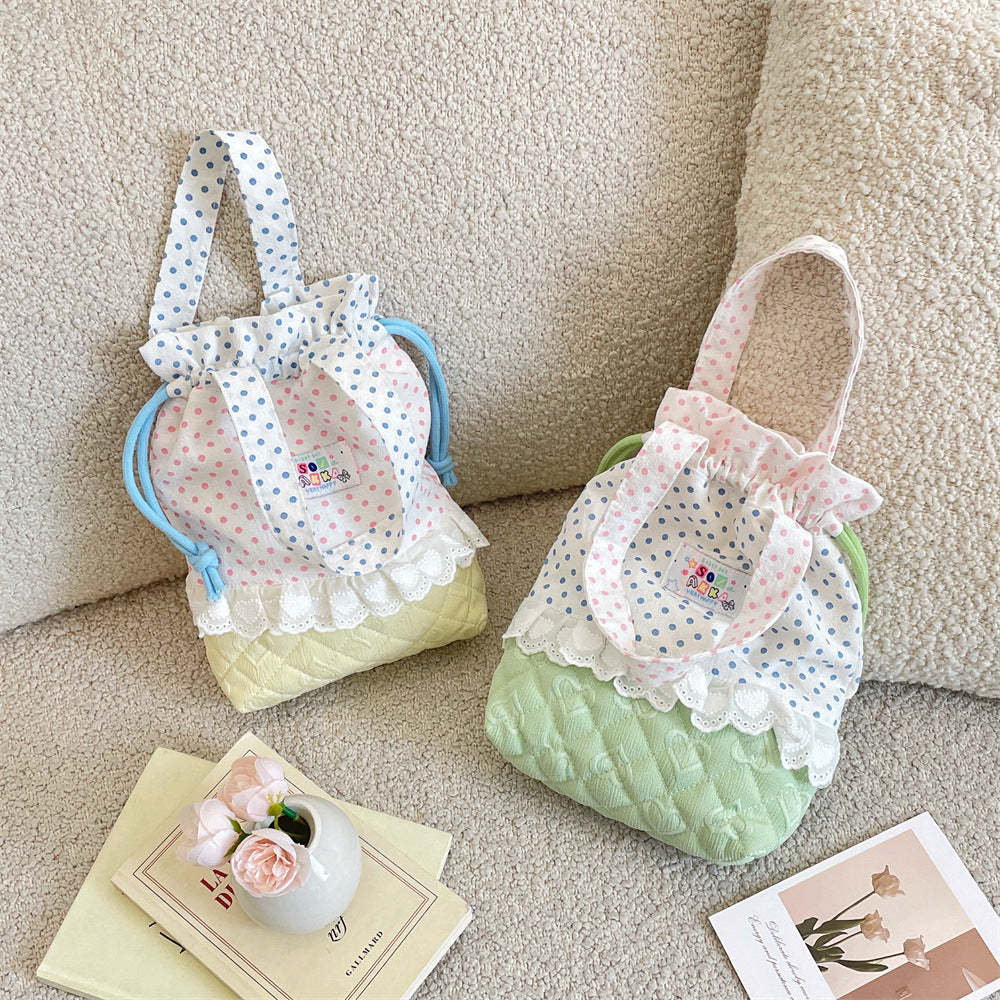 Quilted Polka Dot Drawstring Tote Bag