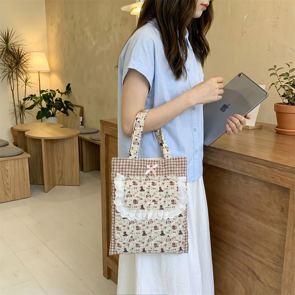 Character Print Lace Pocket Quilted Tote Bag