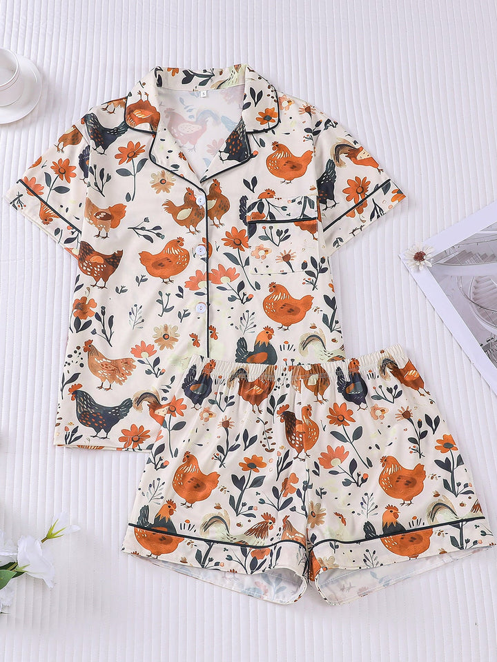 Floral Chicken Print Pajama Set