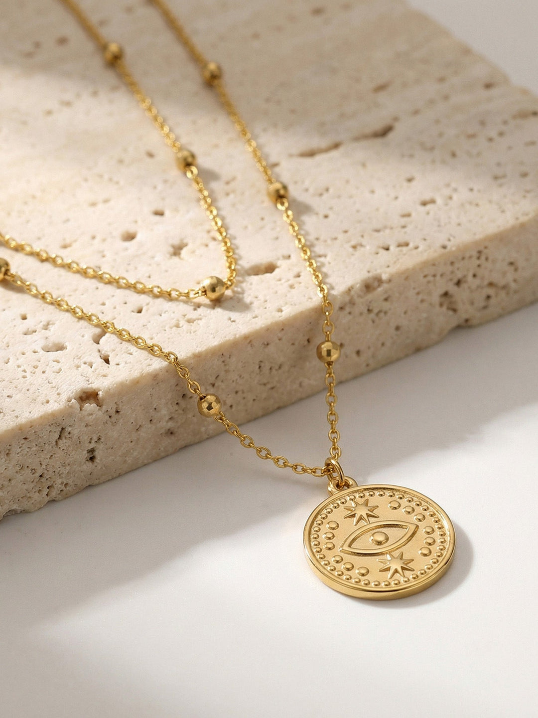 Evil Eye Coin Pendant Beaded Chain Necklace