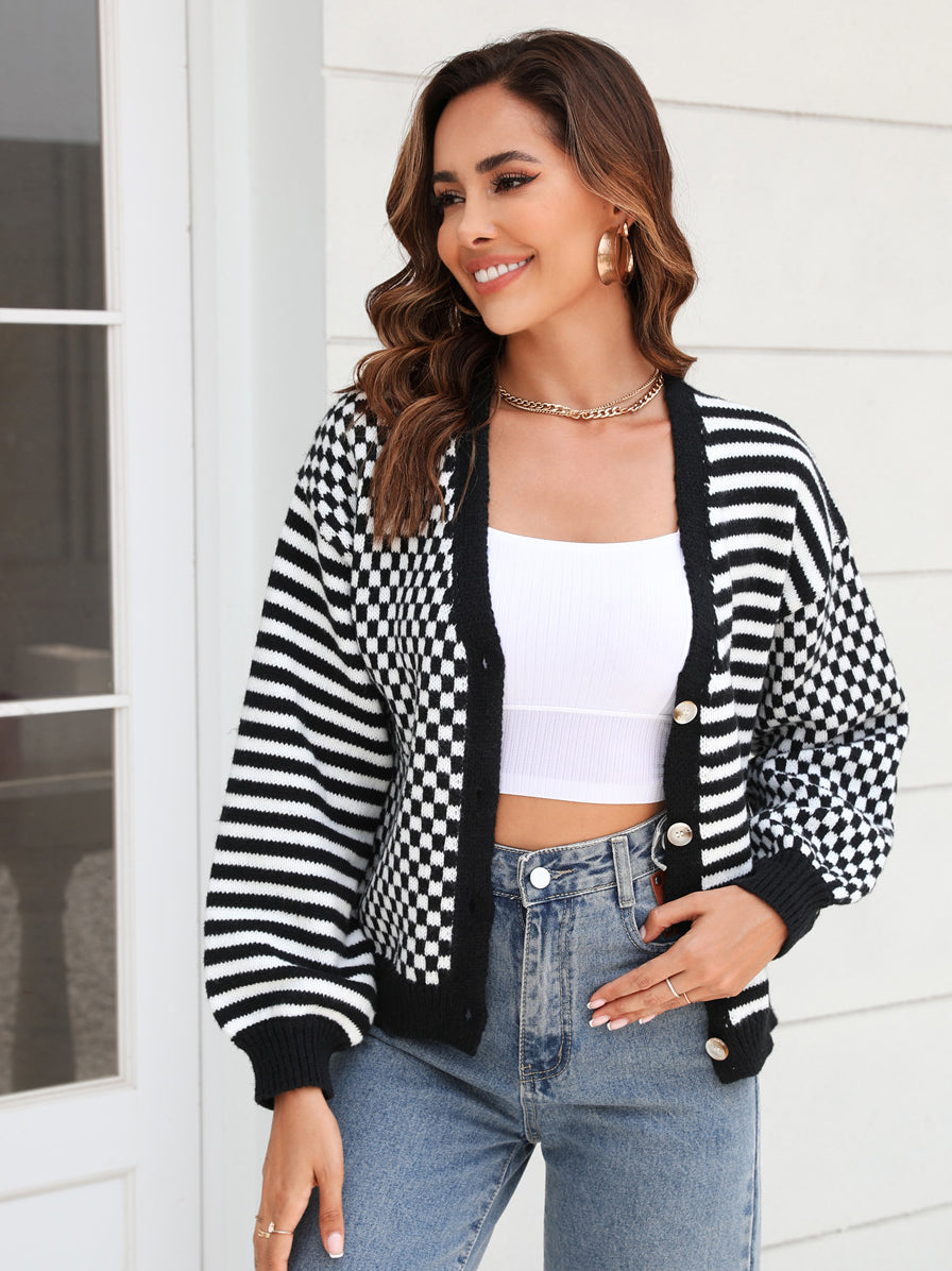 Mixed Pattern Button Front Cardigan