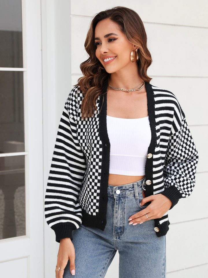 Mixed Pattern Button Front Cardigan