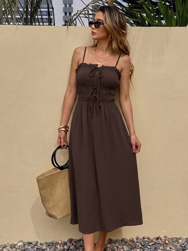 Mocha Smocked Tie Front Midi Dress