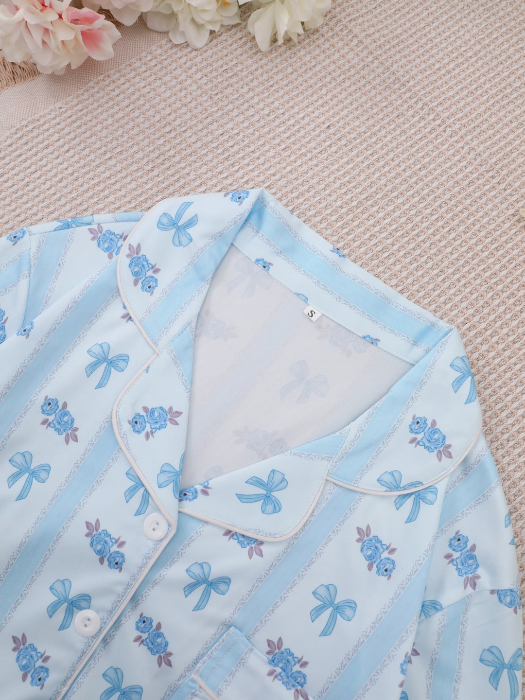 Blue Bow Floral Long Sleeve Pajama Set