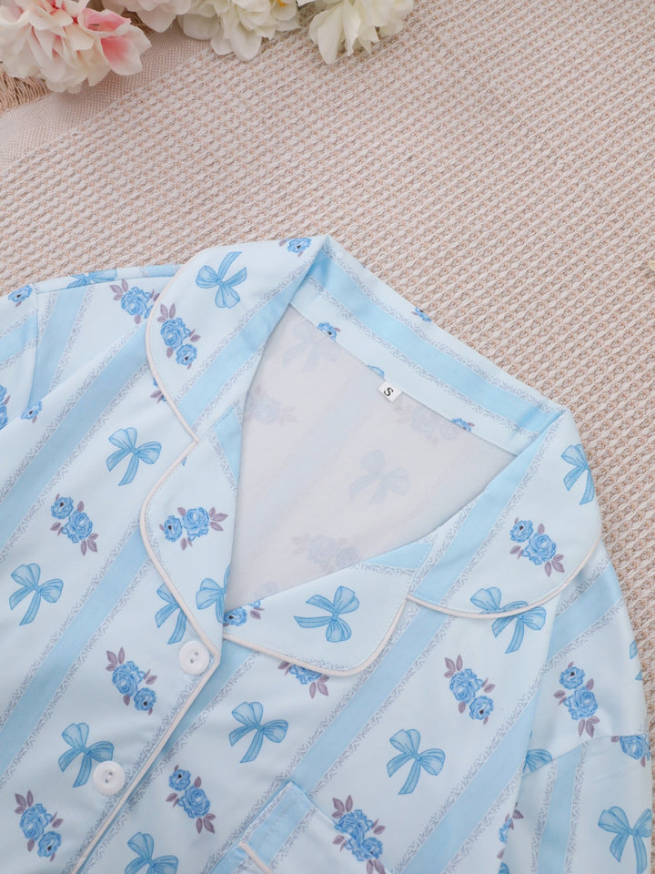 Blue Bow Floral Long Sleeve Pajama Set