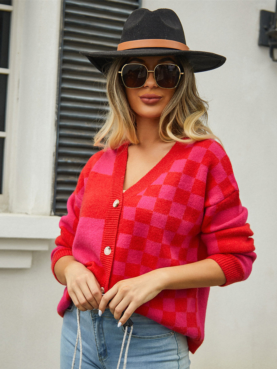 Checkered Button Front Sweater