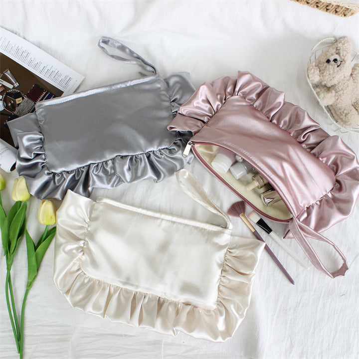 Ruffle Satin Wristlet Cosmetic Pouch