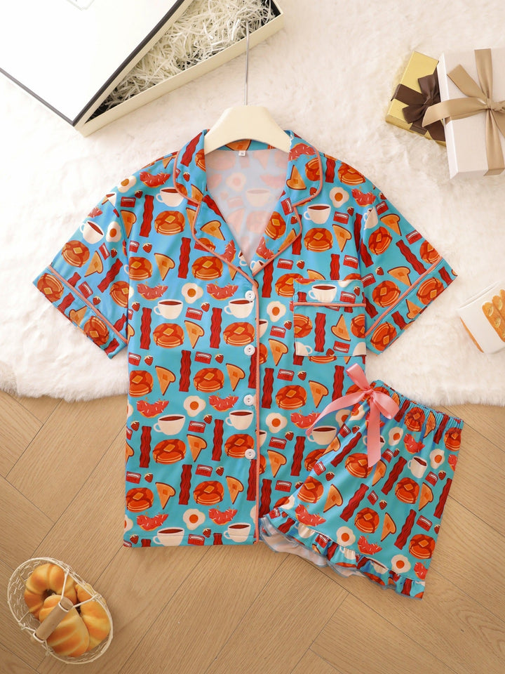 Breakfast Print Ruffle Hem Pajama Set