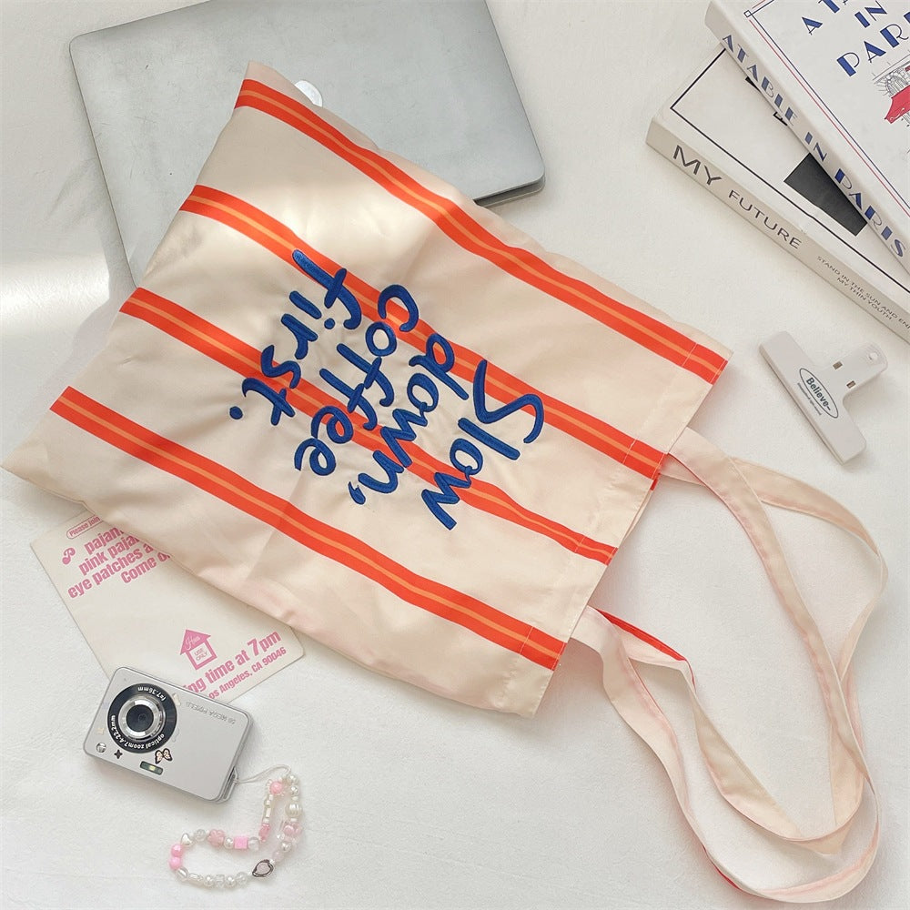 Slow Down, Coffee First Striped Tote Bag