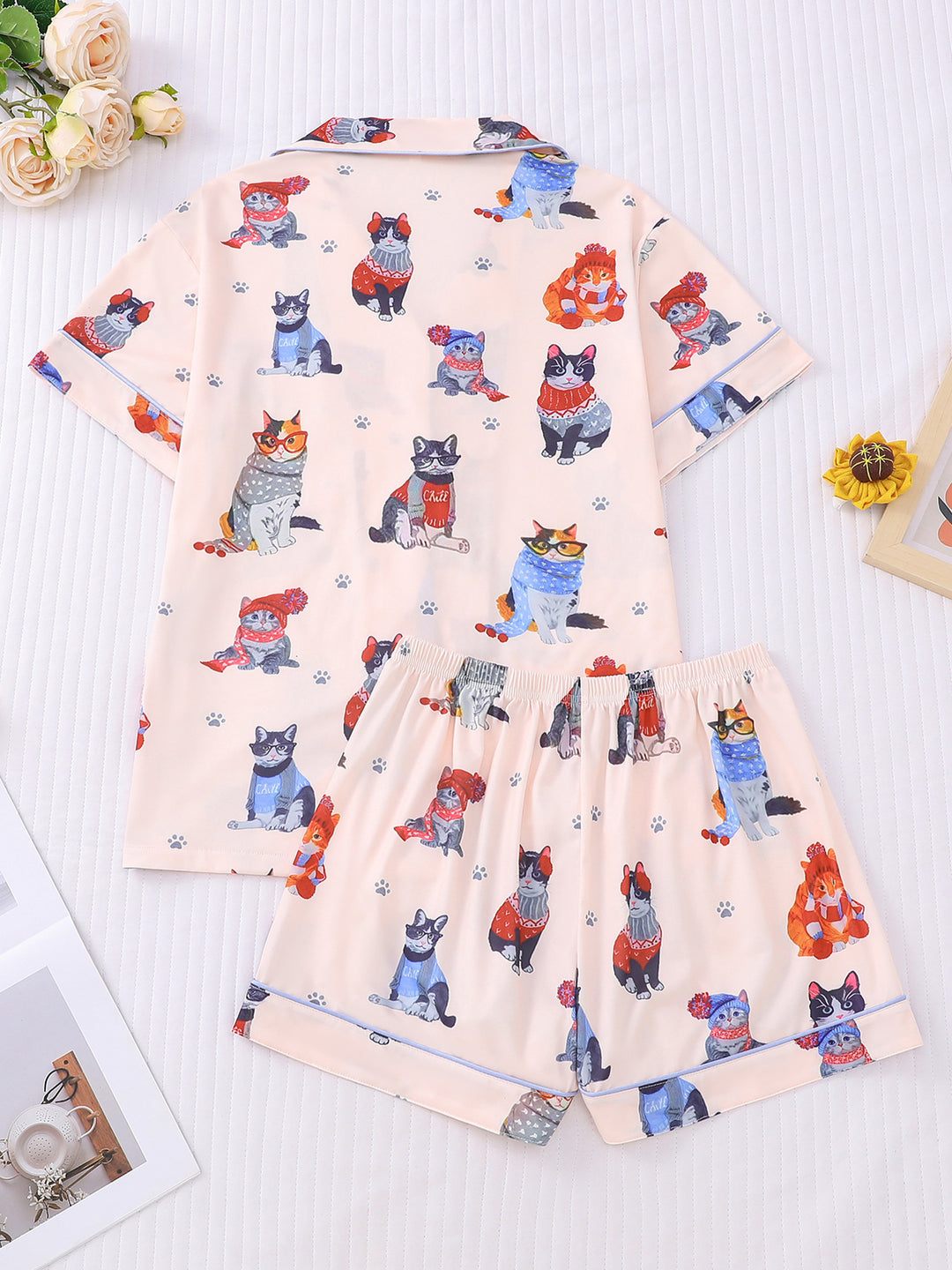 Cozy Cat Pattern Pajama Set