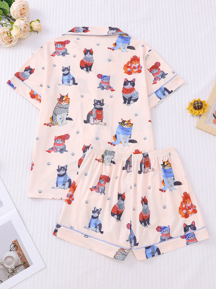Cozy Cat Pattern Pajama Set