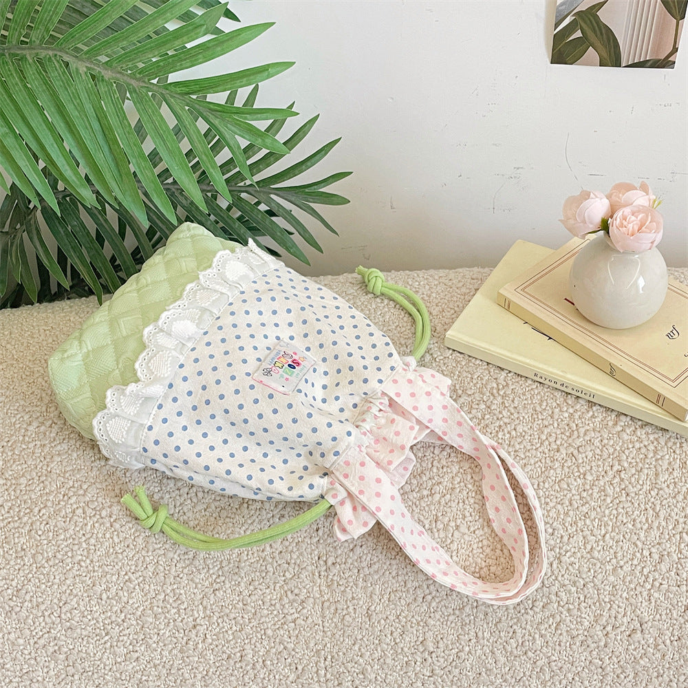 Quilted Polka Dot Drawstring Tote Bag