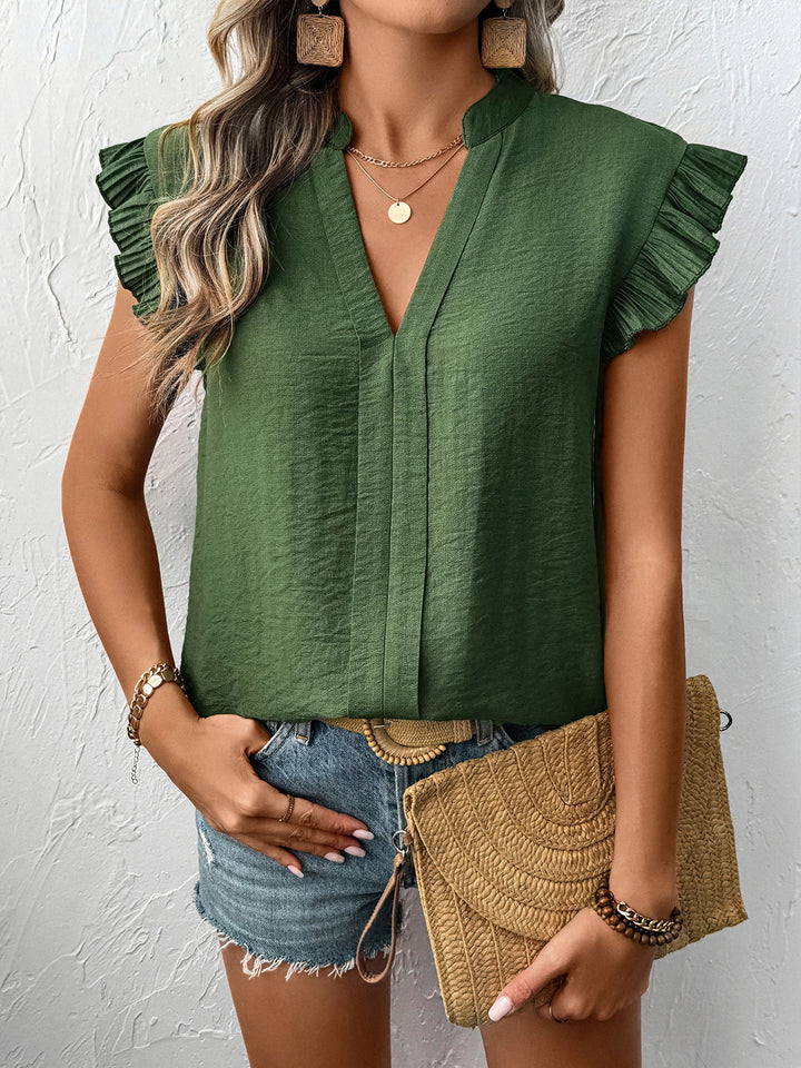 Olive Ruffle Sleeve V-Neck Blouse