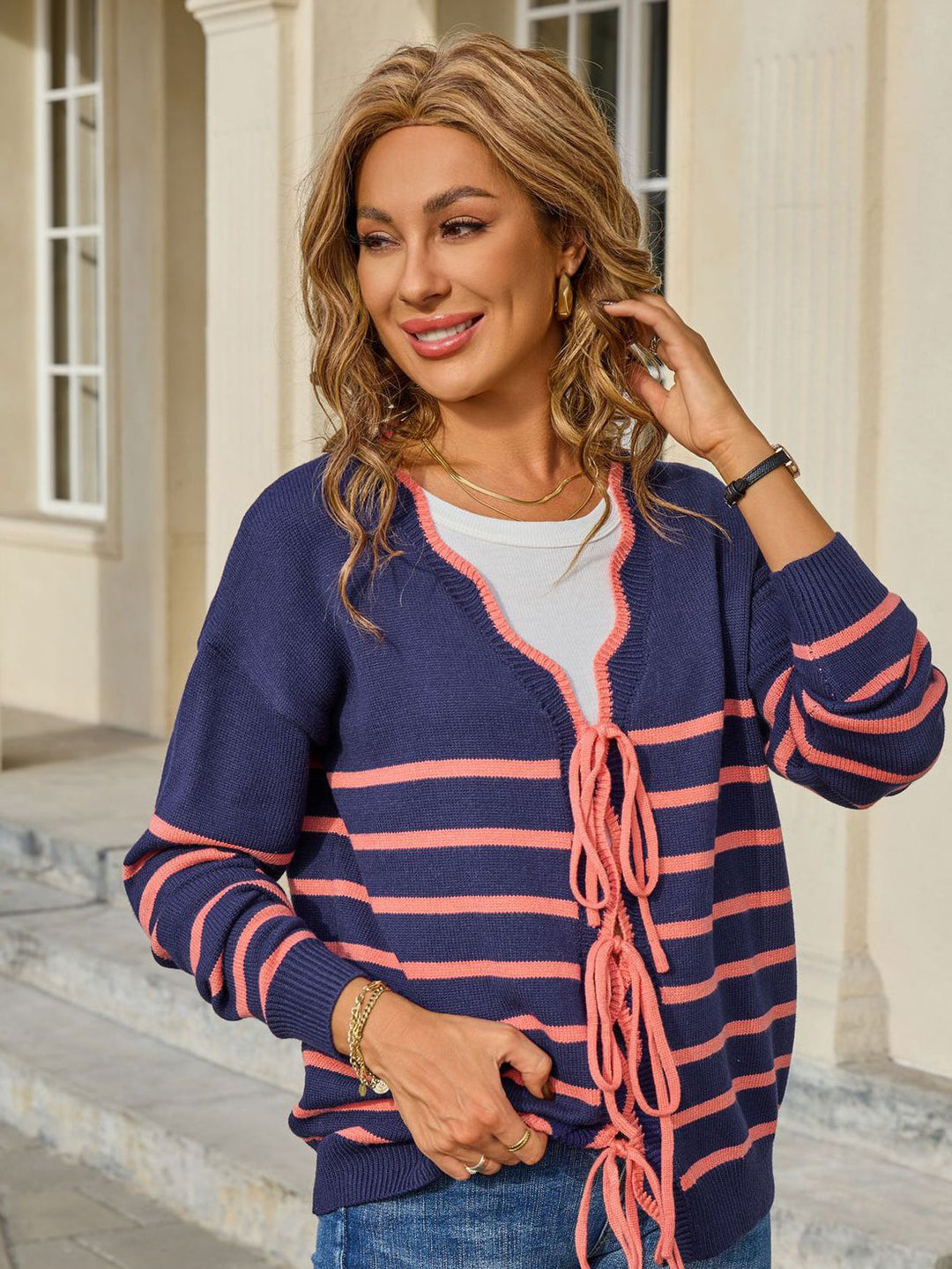 Bow Tie Front Stripe Sweater