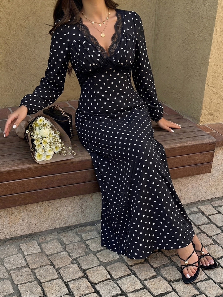 Midnight Romance Lace Trim Polka Dot Maxi Dress