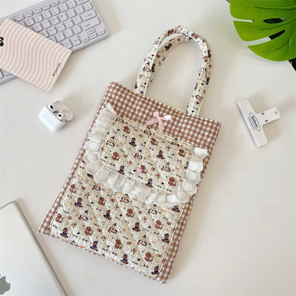 Character Print Lace Pocket Quilted Tote Bag