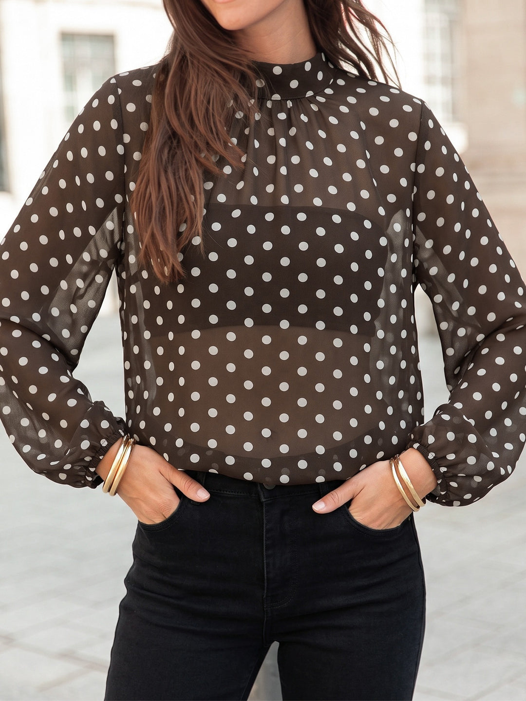 Sheer Polka Dot Bubble Hem Blouse